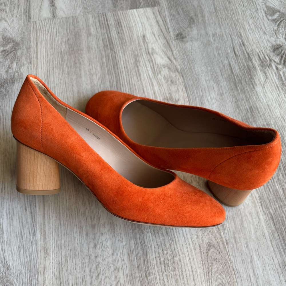 COS Orange Suede & Wood Block Heel Mod Style Square Toe Pumps Short Heels Size 7 - Picture 4 of 14